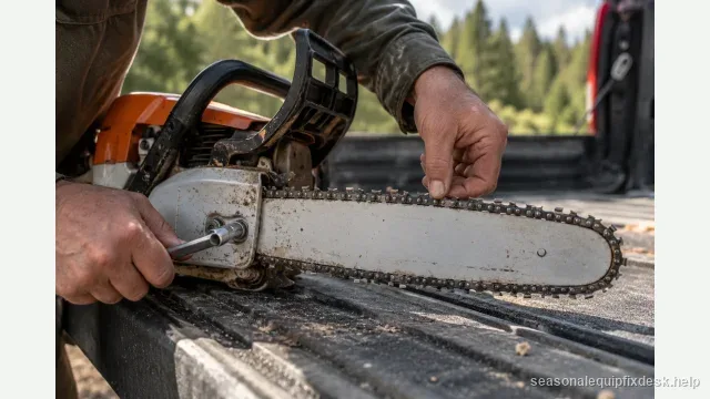 A close side shot of a chainsaw on a truck tailgate, one hand turning the side tensioning screw with a scrench while the other lifts the chain at the middle of the guide bar to check the sag.