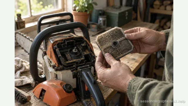 Two hands holding up a foam-and-mesh chainsaw air filter that is grey and clogged with fine sawdust, the chainsaw on a garage workbench beside it with the air-filter cover removed.