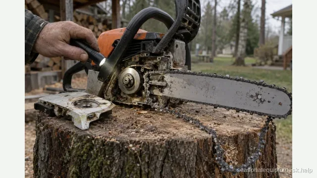 A chainsaw on a broad tree stump with its clutch-side cover removed and lying beside it, the chain derailed and hanging slack off the guide bar near the clutch-drum sprocket, a hand shining a flashlight along the bar rails.