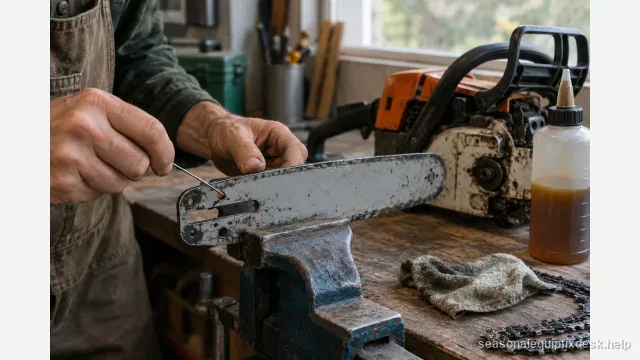 A chainsaw guide bar clamped in a bench vise, a hand pushing a thin wire through the small oil feed hole at the base of the bar, the chainsaw powerhead and a bottle of bar-and-chain oil beside it.
