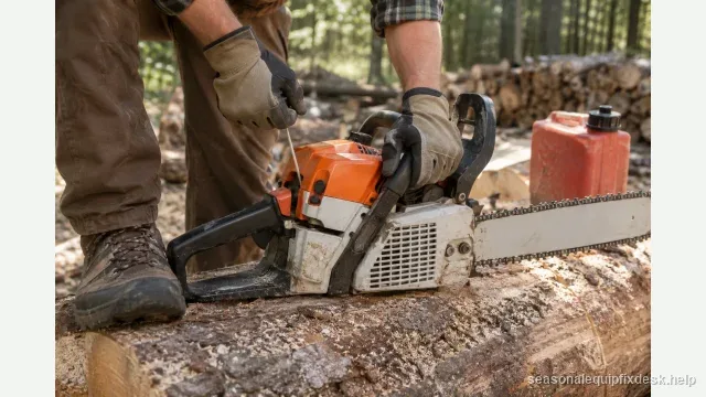 A person in gloves starting a gas chainsaw resting on a large cut log in a woodpile clearing, a boot through the rear handle, one hand on the choke and primer, the other on the recoil starter, a premix fuel can on the log.