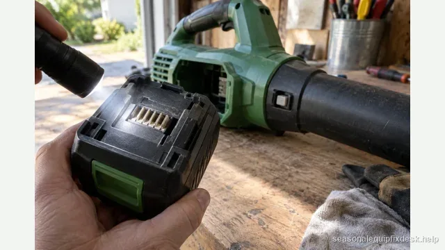 A garage workbench in daylight, a cordless battery leaf blower lying on its side, the battery pack pulled out and held close to the camera to show its contact terminals, a small flashlight beam raking across them, the blower's tube safety-interlock switch visible near the nozzle joint.