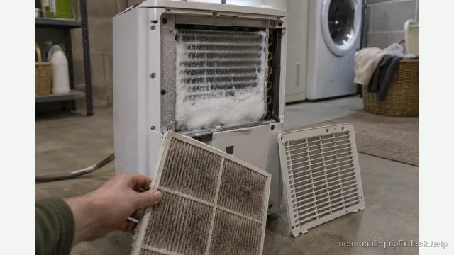 A dehumidifier in a basement laundry area with its rear intake grille and filter removed and leaning against it, the evaporator coil behind visibly packed with white frost and ice, a hand holding the dusty pleated filter.