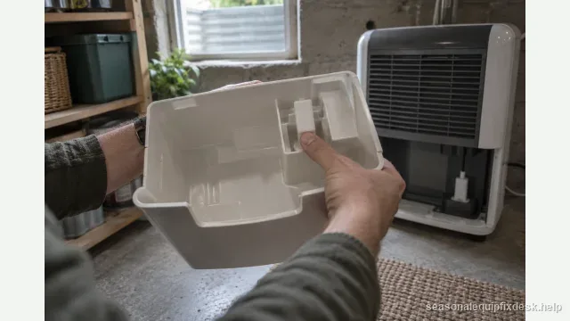 Two hands holding the empty collection bucket of a dehumidifier out toward the camera in soft basement daylight, one thumb pressing the white plastic float down inside the dry bucket, the open bucket bay and float switch visible behind.