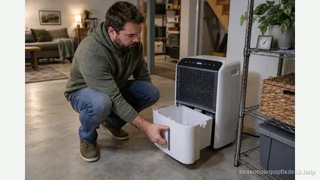 A person crouched beside a portable dehumidifier in a finished basement, pulling the empty collection bucket out from the front, the lit control panel showing a humidity setpoint and a small hygrometer on a nearby shelf.