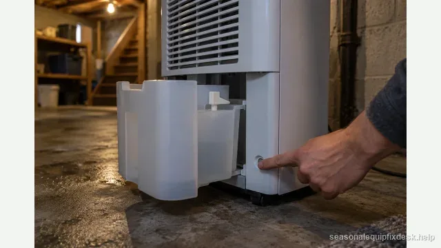 A portable dehumidifier in a dim unfinished basement, the collection bucket pulled halfway out on its rails to expose the small white float-switch tab, the unit's control panel dark and unlit, a finger pressing a small recessed reset button low on the front housing.