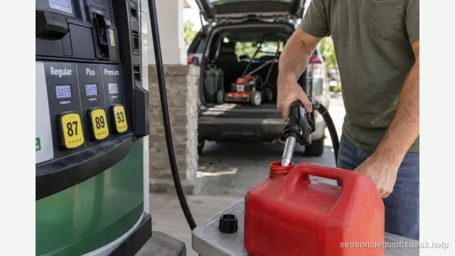 A person filling a red plastic gas can at a self-serve fuel pump, the pump’s fuel-grade selector buttons in sharp focus, a push mower loaded in an open car trunk behind.