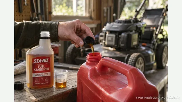 A hand tipping a measured capful of amber fuel stabilizer from its bottle into the open neck of a red gas can on a garage workbench, a small measuring cup beside it, a mower parked behind out of focus.