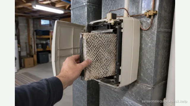 A basement furnace closet under fluorescent light, a whole-house humidifier mounted on the ductwork with its access cover swung open, a hand pulling the water panel partway out to show mineral scale on it, the solenoid valve and copper saddle-valve water line visible at the top of the unit.
