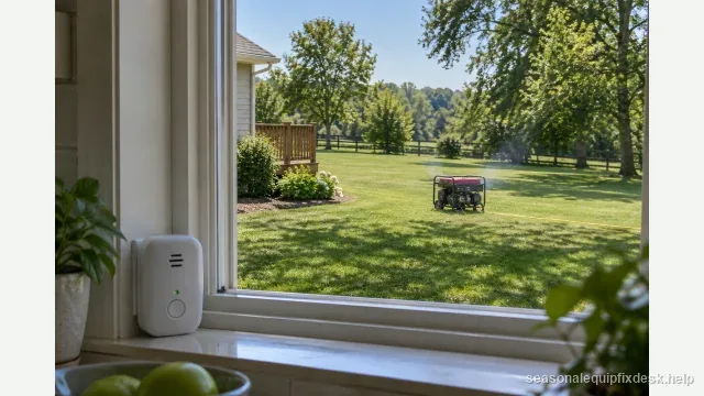 The view through a kitchen window: a plug-in carbon-monoxide alarm on the sill indoors, and outside a portable generator running far out on the lawn away from the house with its exhaust haze drifting away from the building.