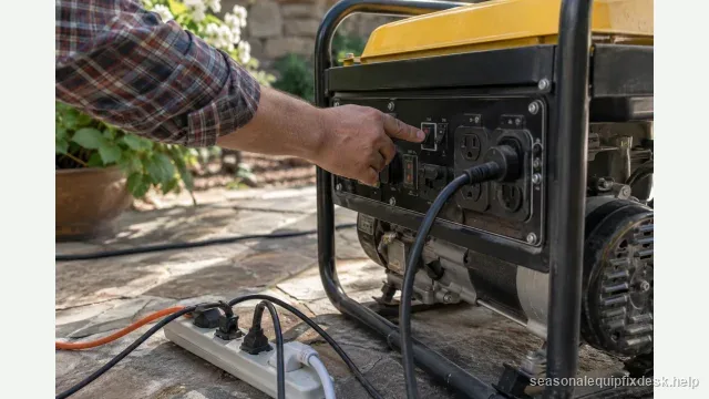 A portable generator outlet panel with one circuit breaker popped to the tripped position, a hand reaching to reset it, a power strip with several appliance cords on the ground below.