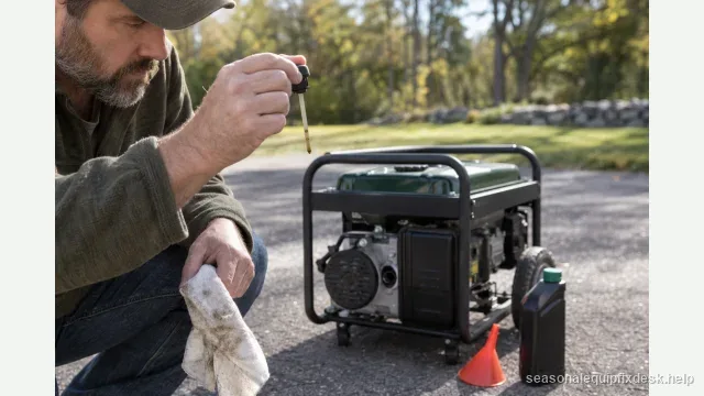 A person holding up the engine dipstick of a portable generator sitting level on a driveway in clear morning light, a bottle of small-engine oil and a funnel on the ground beside it.