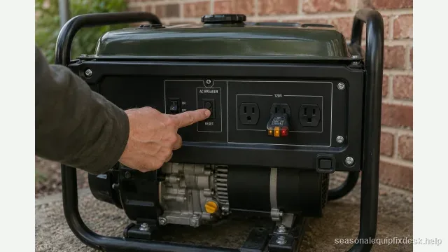 A straight-on shot of a portable generator outlet panel, a finger on the AC circuit-breaker reset button, a three-light plug-in outlet tester in one 120-volt receptacle and the others empty.