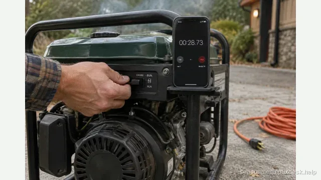 A hand moving the combined choke/run lever of a running portable generator on a driveway, a phone on the frame showing a stopwatch, an orange extension cord coiled and unplugged on the ground.