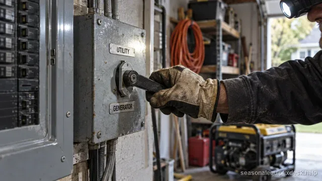 A gloved hand operating the manual transfer handle on a home automatic transfer switch panel labeled UTILITY and GENERATOR, in a garage with a portable generator and extension cord visible in the background.