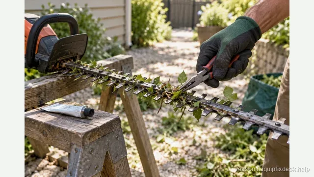 A hedge trimmer laid across two sawhorses in a side yard at midday, dense chopped leaf debris jammed between the reciprocating blade teeth, a gloved hand pulling a twig clear of the blades with pliers, a small tube of gear grease resting on the sawhorse nearby.