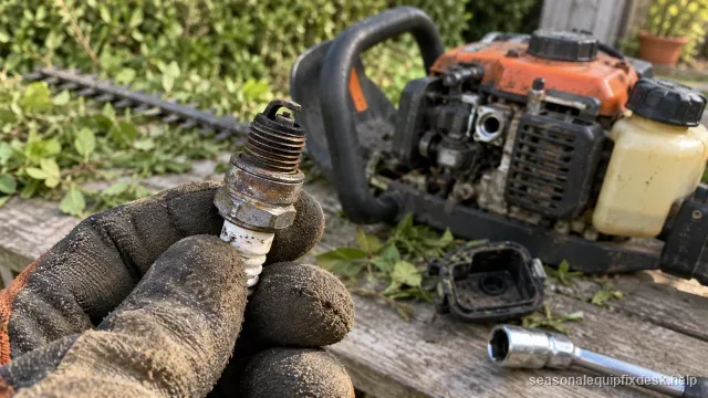 A gloved hand holding a removed spark plug up close for inspection, a gas hedge trimmer laid on a garden bench in the background with trimmed clippings nearby.