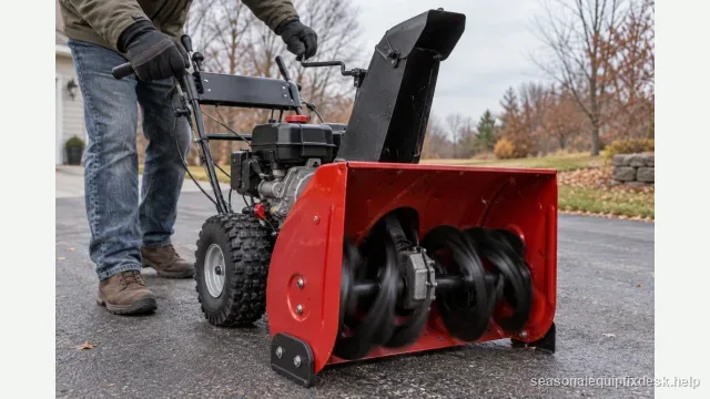 A two-stage snow blower running on a bare, dry driveway in flat late-autumn overcast light with no snow anywhere in frame, a gloved hand squeezing the auger clutch lever while the auger visibly spins freely.
