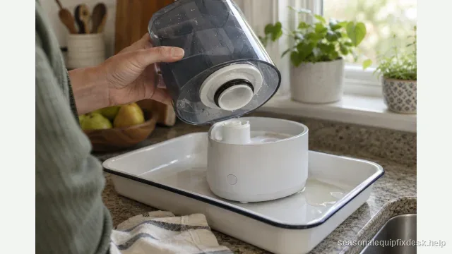 A tabletop humidifier sitting in a shallow white enamel tray on a kitchen counter, a small pool of water collected in one corner of the tray under the base, a hand tilting the tank to inspect the rubber cap gasket.