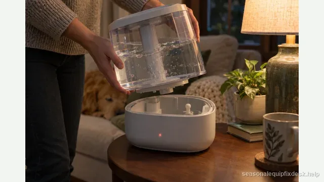 A person lifting the full clear water tank straight up off a humidifier base on a living-room side table in warm lamp light, the empty base reservoir and its small float sensor exposed, a tiny red indicator glowing on the unit.