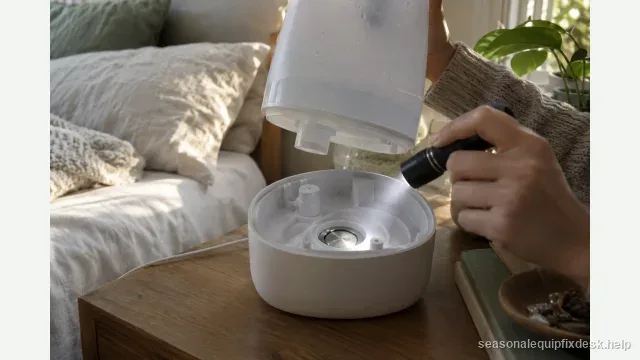 Seasonal equipment illustration for Humidifiers repair: An ultrasonic tabletop humidifier on a bedside table in soft morning light, the water tank lifted away, a hand shining a small flashlight down into the base onto the round metal transducer disc.