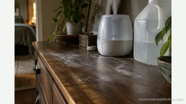 A close low-angle shot along the top of a dark walnut dresser, a fine chalky white mineral film settled across the surface near a small running ultrasonic humidifier, a jug of distilled water beside it.