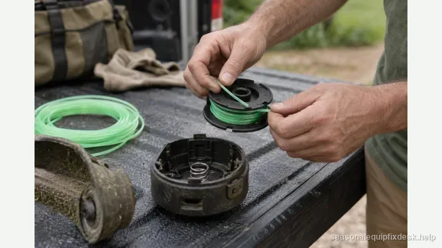 Seasonal equipment illustration for Leaf Blowers & String Trimmers repair: A string-trimmer bump head opened on a truck tailgate, the spool lifted out, two hands winding fresh monofilament line onto it in the marked direction, a loose coil of the same line nearby.