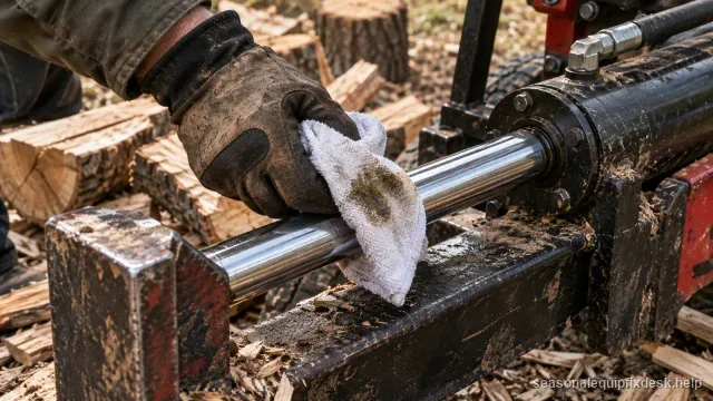 A gloved hand wiping a hydraulic cylinder rod on a log splitter with a clean rag showing a faint oily stain, split log rounds nearby.