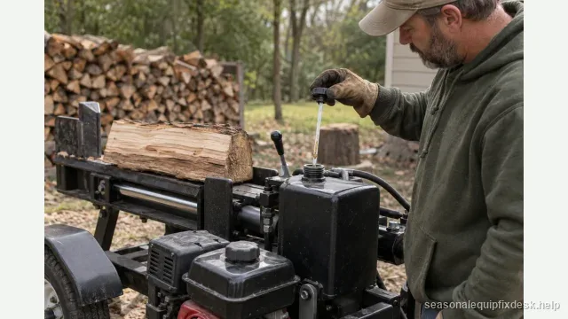 A horizontal gas log splitter in a back yard beside a woodpile, one split log on the beam, a person checking the hydraulic fluid level at the reservoir fill cap with a dipstick, the control valve lever in view.