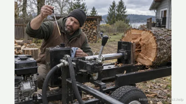A horizontal gas log splitter in a backyard under overcast sky, the ram stalled partway through a large log round, a person crouched at the hydraulic reservoir checking fluid level with a dipstick held up to the light.