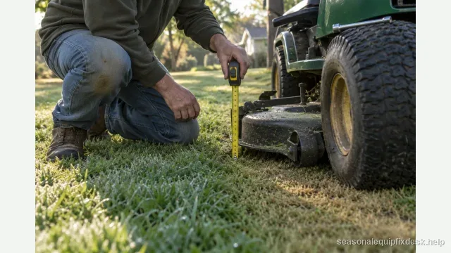 A person kneeling beside a riding-mower deck in low morning light, holding a tape measure from the deck lip to the ground, dew still on the grass.