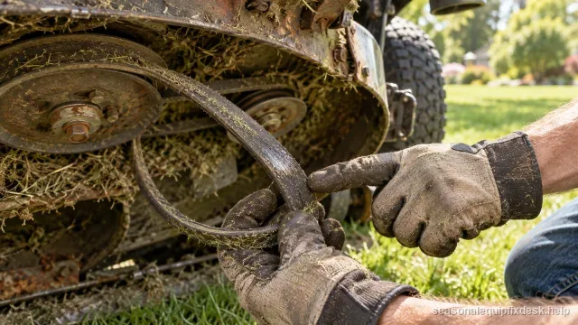 Gloved hands inspecting a grass-stained mower deck belt lifted from beneath an overturned riding mower deck, pointing at a worn glazed section of the belt.