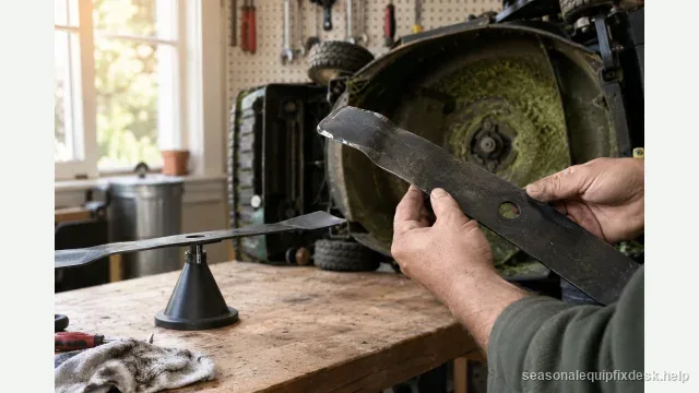 Two hands holding up a removed mower blade with a bent, chipped tip in a garage, a cone-style blade balancer on the workbench with another blade tipping to one side.