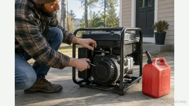 A person crouched at the control side of a portable generator on a concrete driveway well away from a closed house door, hands on the fuel valve, choke and recoil-start grip, a red fuel can beside it.
