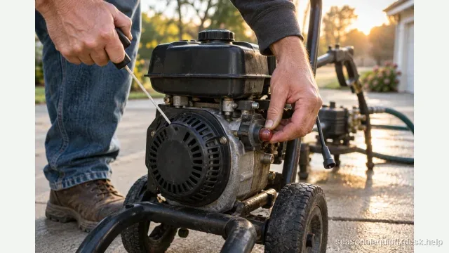 A gas pressure washer on a concrete driveway in early morning light, one hand mid-pull on the recoil starter cord, the other hand pressing the primer bulb near the carburetor, the spark-plug wire unclipped and resting off to the side for a spark test.