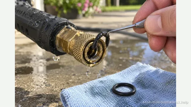 An extreme close-up on a pressure-washer wand-to-hose quick-connect fitting, water beading and dripping at the threaded joint in bright daylight, a hand holding a small metal pick lifting a worn black O-ring out of the fitting's groove, a fresh replacement O-ring on a shop cloth nearby.