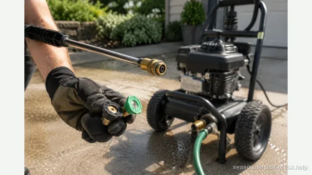 A gas pressure washer running on a concrete driveway with a garden hose connected, a gloved hand holding a black low-pressure soap tip and a coloured high-pressure tip up near the end of the wand.