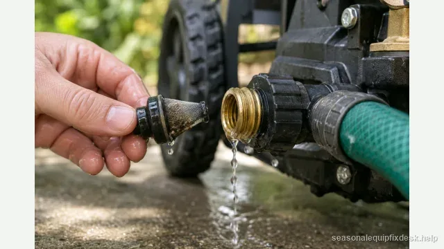A close shot of the water inlet fitting on a pressure washer pump, a hand pulling the small cone-shaped inlet screen filter out of the fitting to check it, water running.