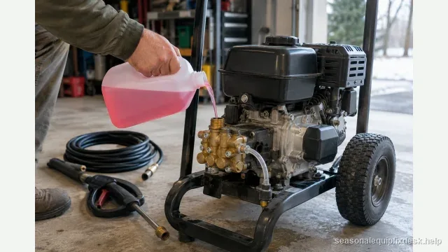 A pressure washer parked in a garage with its trigger gun and hose disconnected and coiled on the floor, a hand pouring pink pump-antifreeze into the pump inlet from a jug.