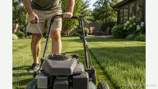 A person on a sunny back lawn squeezing the operator-presence bail bar of a walk-behind push mower against the handle with one hand while pulling the starter rope with the other, half the grass freshly cut.
