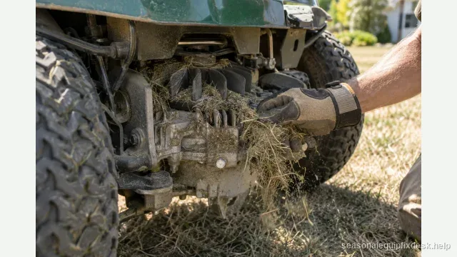 A gloved hand brushing thick matted grass clippings out of the transaxle cooling fins and fan at the rear of a riding mower on a dry lawn in bright afternoon light.