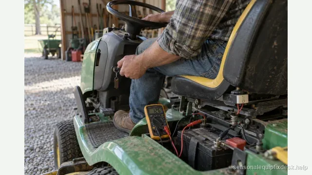 A person sitting on a riding mower in an open equipment shed turning the ignition key, a multimeter clipped to the battery terminals reading about 12.6 volts on the frame beside the seat.