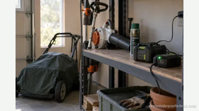 A tidy dry garage corner: a trimmer and a blower on a shelf, a small mower under a fitted cover, and a lawn-mower battery sitting on a trickle battery maintainer with a small green charge light, a can of fogging oil on the shelf.