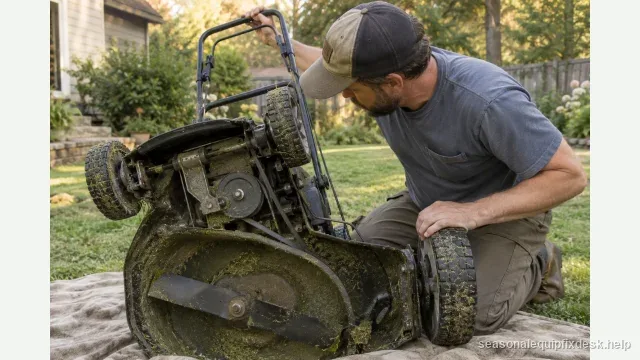 A self-propelled walk-behind mower tilted back on a drop cloth on a half-mown lawn, a person squeezing the drive bail against the handle while watching the drive belt and transmission under the deck.