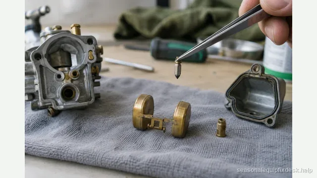 A small-engine float-bowl carburetor disassembled on a lint-free grey cloth — the float bowl, the brass float and the main jet in a row, tweezers holding the tiny tapered inlet needle above the float.