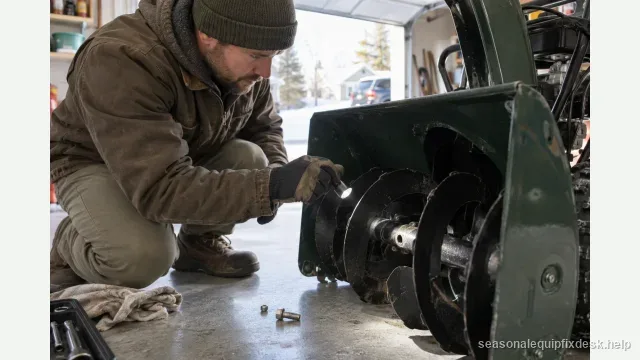 A person kneeling beside the front auger housing of a snow blower in a bright garage, shining a flashlight on the auger shaft where a shear bolt has snapped, the sheared pin on the floor.