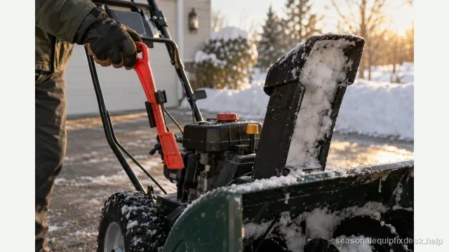 A gloved hand pulling the bright plastic clean-out tool off its clip on a stopped snow blower, the discharge chute packed solid with wet snow, warm late-afternoon side light.