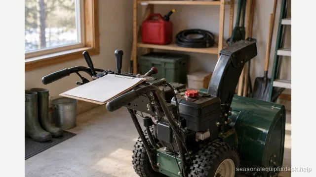 A snow blower parked in a clean dry garage corner in spring light, a fuel can and a coil of belt on a shelf nearby, a clipboard resting across the handlebar.