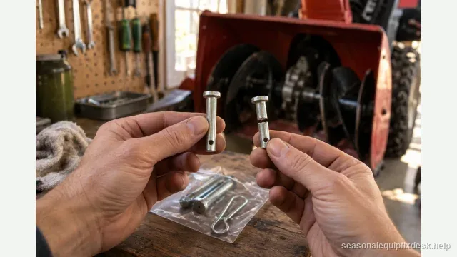 Two hands holding up a pair of snow-blower shear pins over a small parts bag of spare pins and a cotter pin, the auger of a snow blower blurred behind on a workbench.