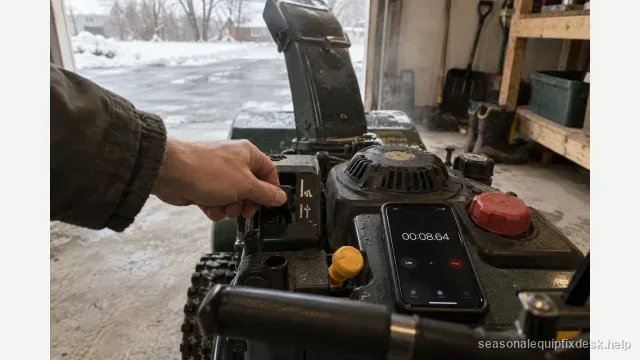 A hand easing the choke lever of a snow blower toward open just inside an open garage door, a phone on the machine dash running a stopwatch, faint exhaust haze.